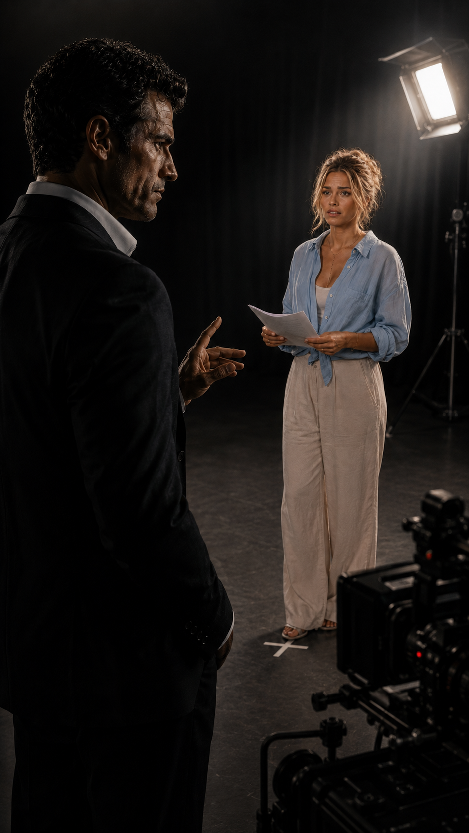 Nick Calder giving Madison Aires instructions on a dark Velvet Knife soundstage beside a film camera and production light