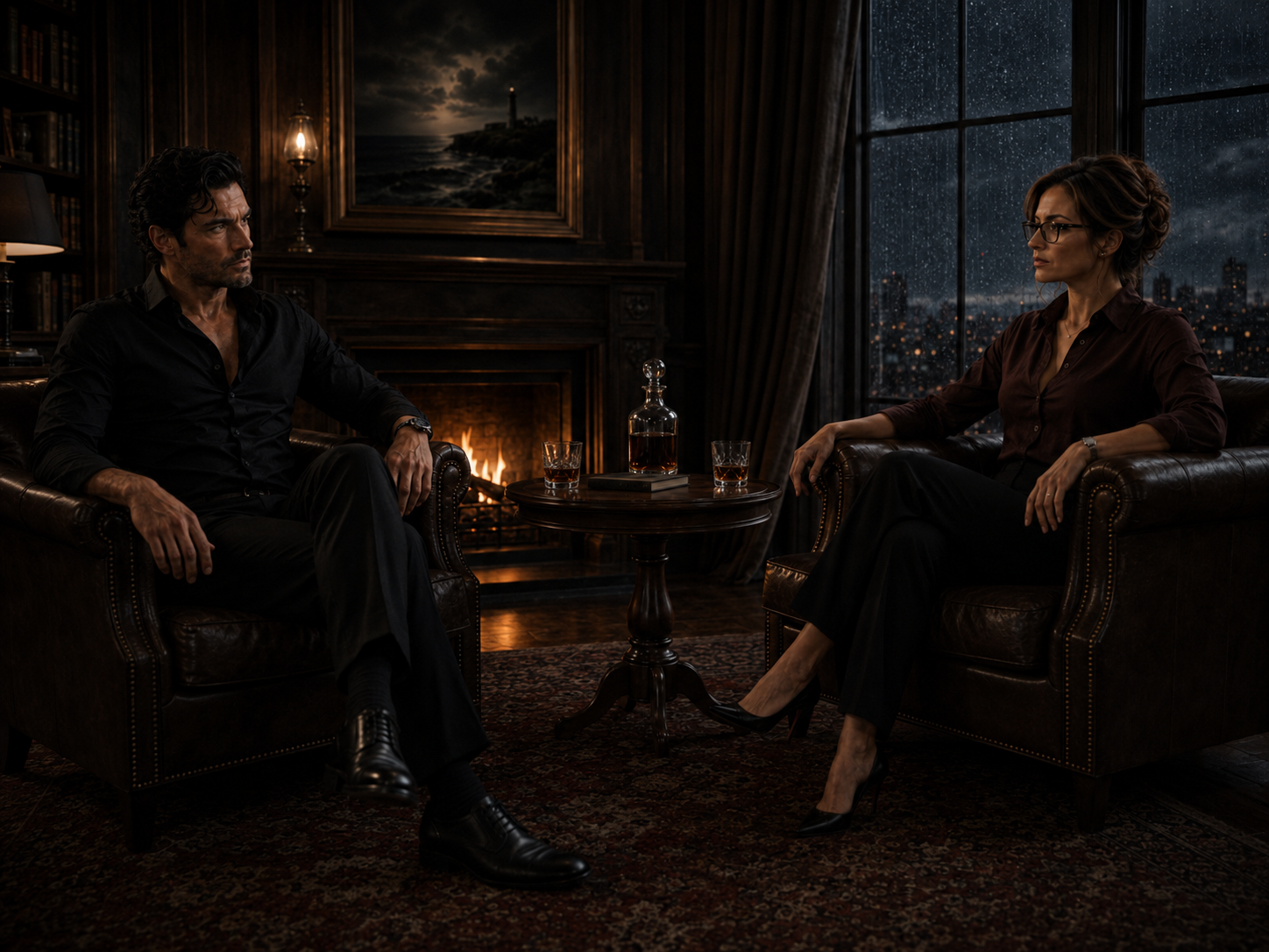 Rowan Thorne and Sloan Mercer seated across from each other in a dark wood-paneled sitting room, a fire between them and a rainy city skyline beyond the windows