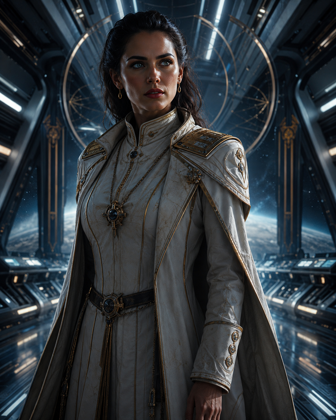 Admiral Cassia Vance in a white and gold military coat standing on the pristine bridge of her flagship