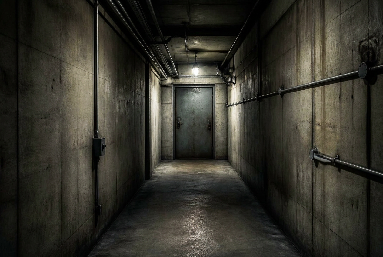 A bare concrete sublevel corridor beneath the studio ending at a single heavy steel door