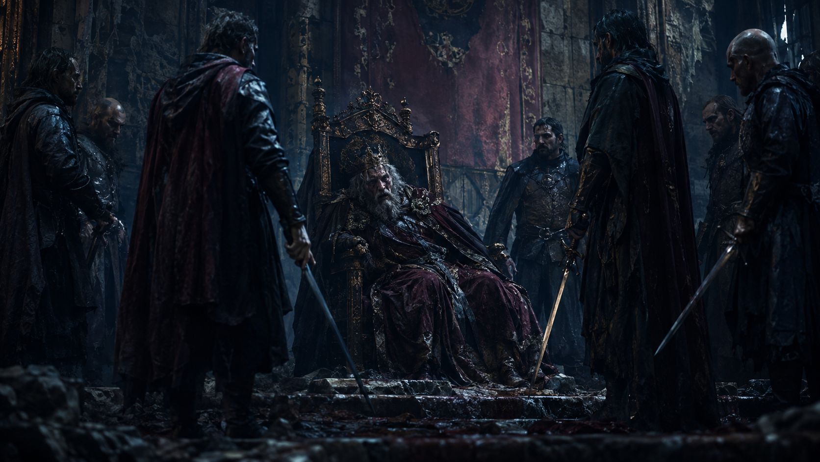 A dying king on a gilded throne surrounded by armed lords in a ruined dark-fantasy court