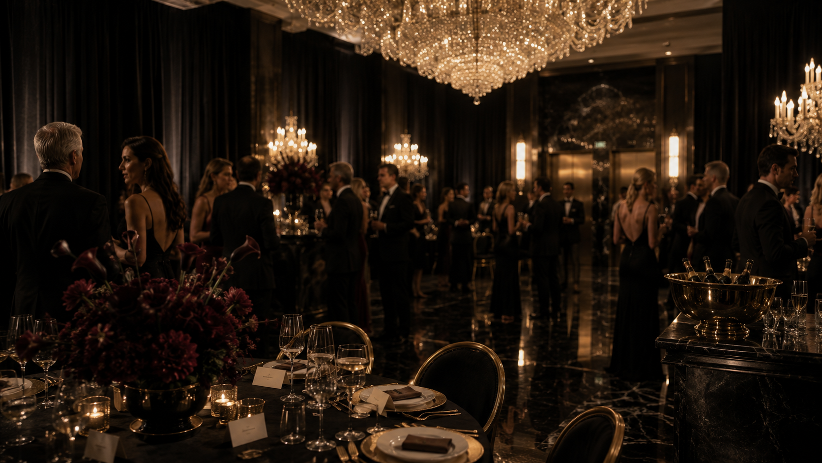 A candlelit Hollywood gala ballroom with crystal chandeliers, formally dressed guests, and dark marble floors — the last room before the scandal breaks