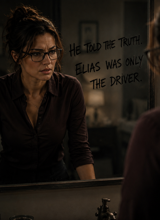 Sloan Mercer stares into a mirror with handwritten text: He told the truth. Elias was only the driver.
