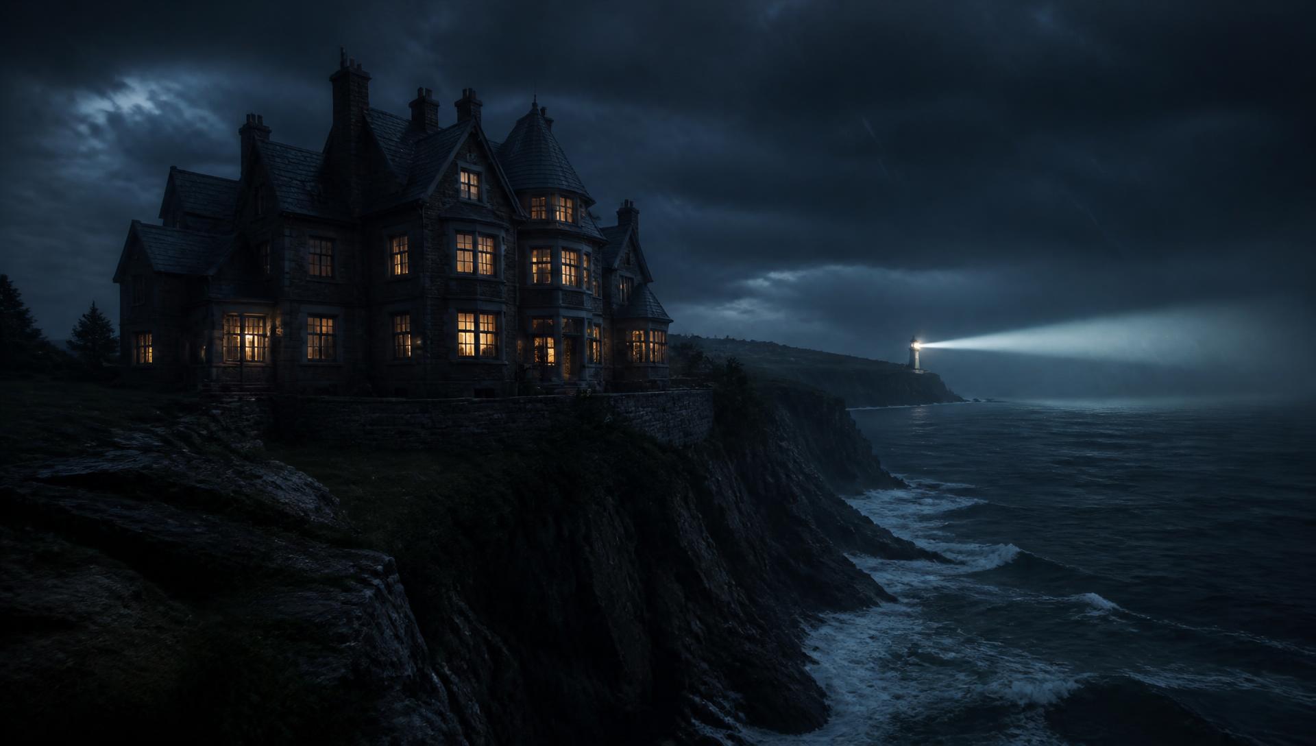 Blackwater House at night, a stark modern estate rising above a rocky coastline under heavy clouds