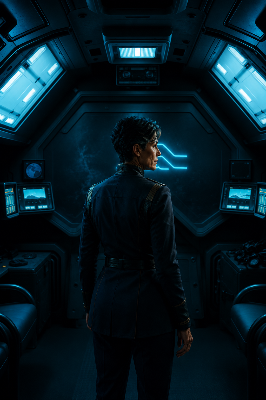 Commander Lyra Sterling in a dark navy command uniform standing on the bridge of a warship, bathed in cold blue tactical light