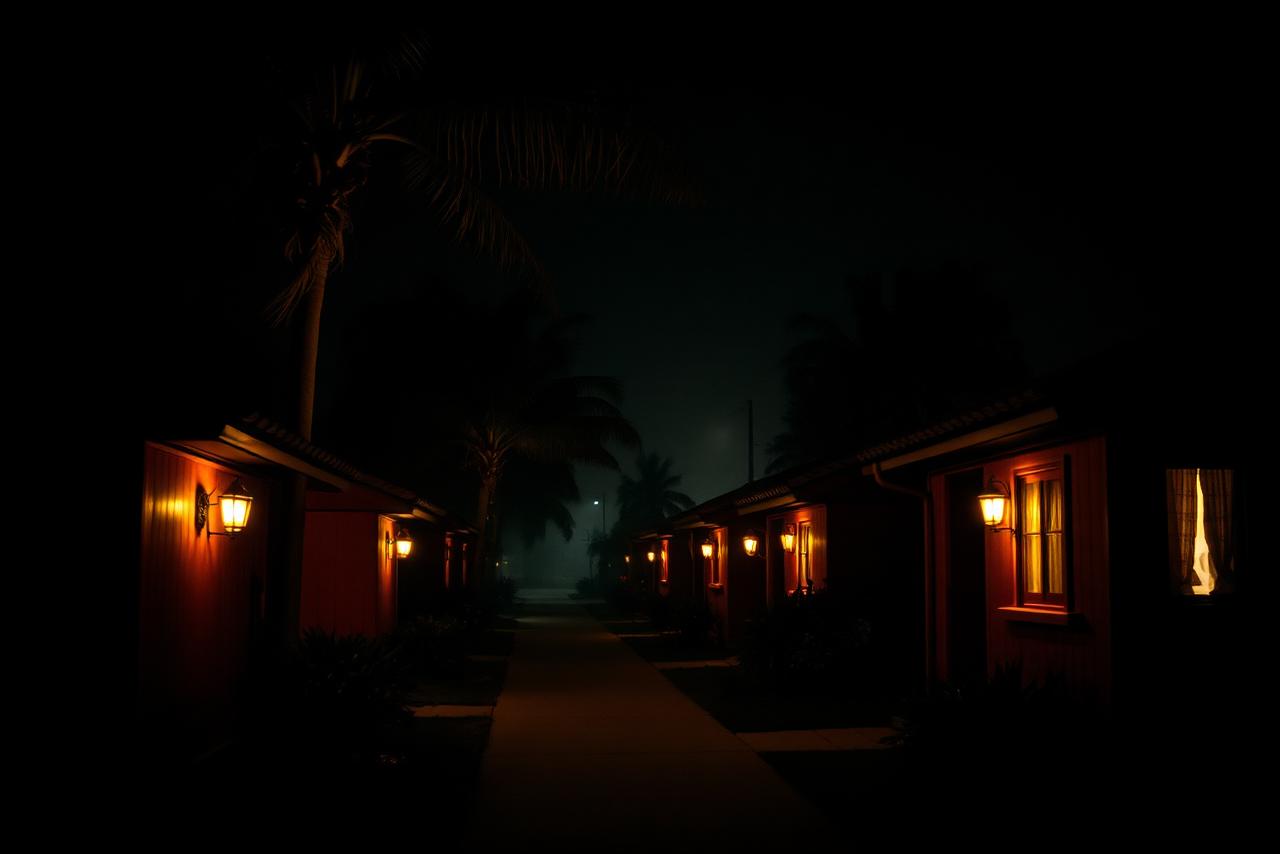 Spanish-style studio bungalows along a palm-lined path at night