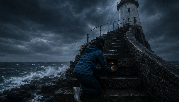 Sloan kneels on storm-lashed lighthouse steps, finding a hidden note left by Rowan