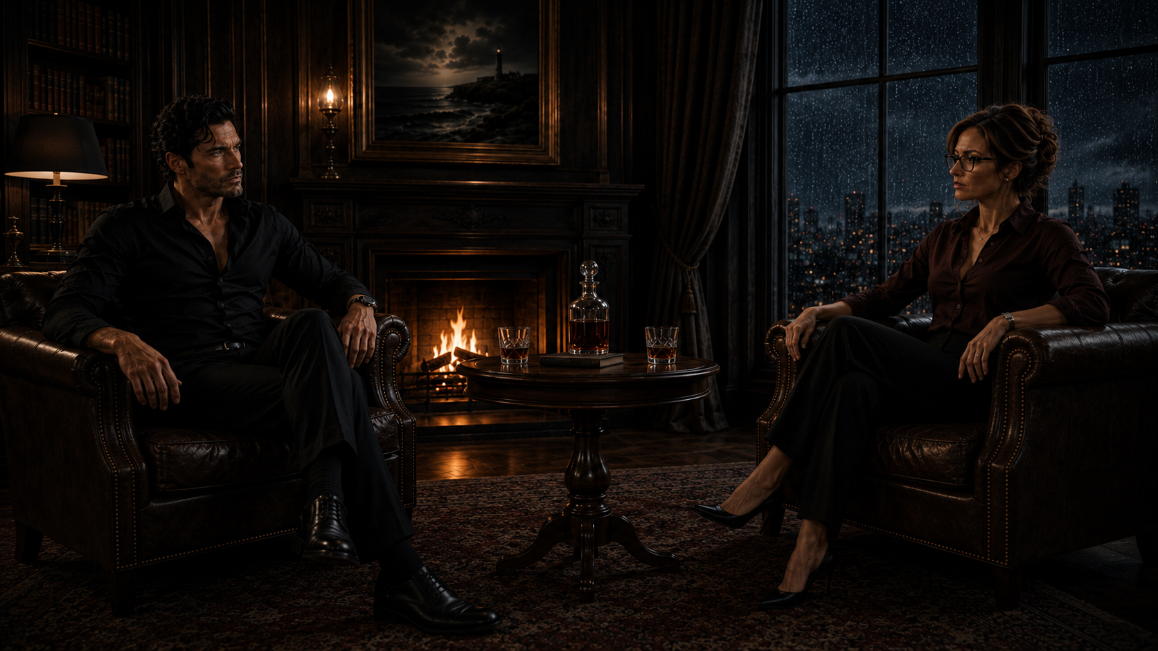 Rowan Thorne and Sloan Mercer seated across from each other in a dark wood-paneled room, a fire between them and a rainy city skyline beyond the windows