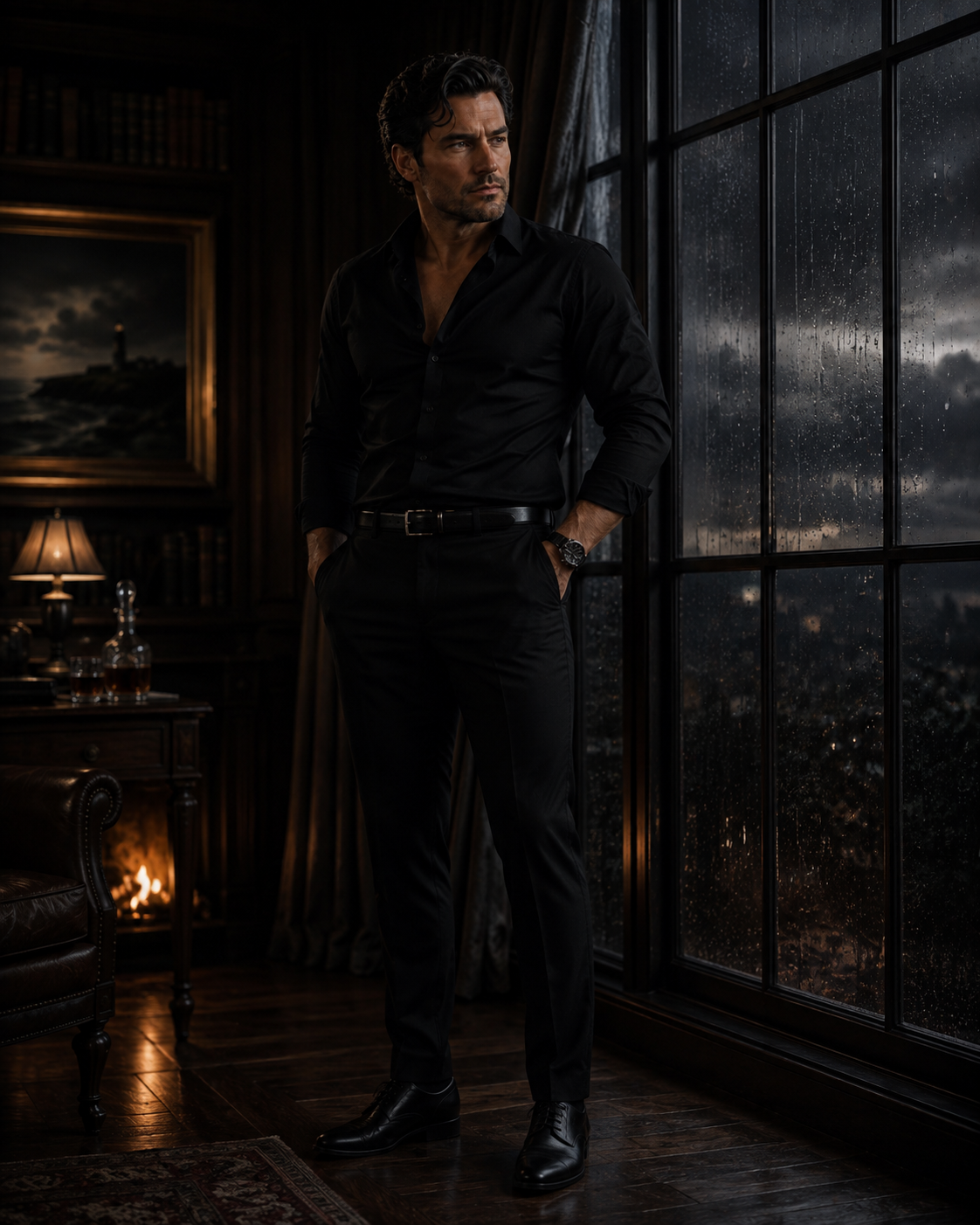 Rowan Thorne stands in a dark wood-paneled study beside a rain-streaked window, firelight behind him