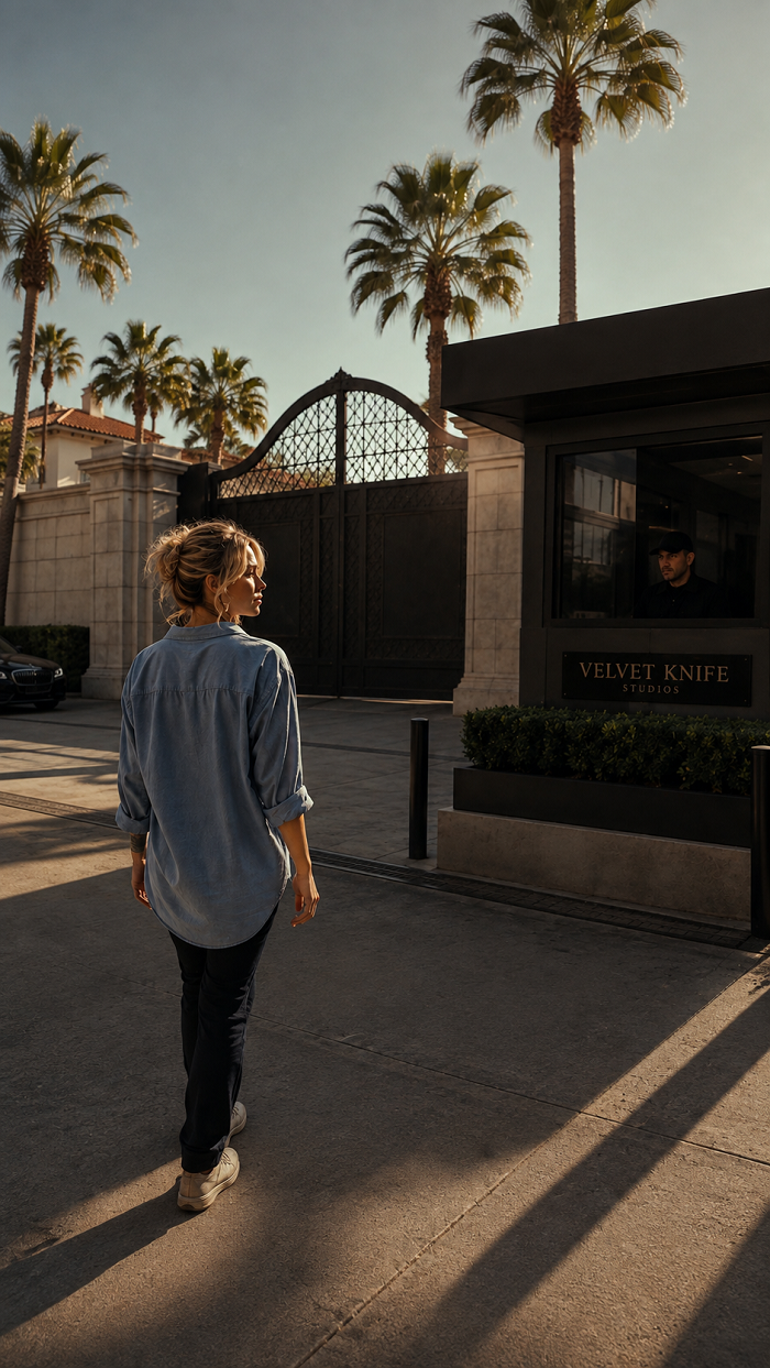 Madison Aires approaches the guarded gates of Velvet Knife Studios, palm trees and Los Angeles light behind her