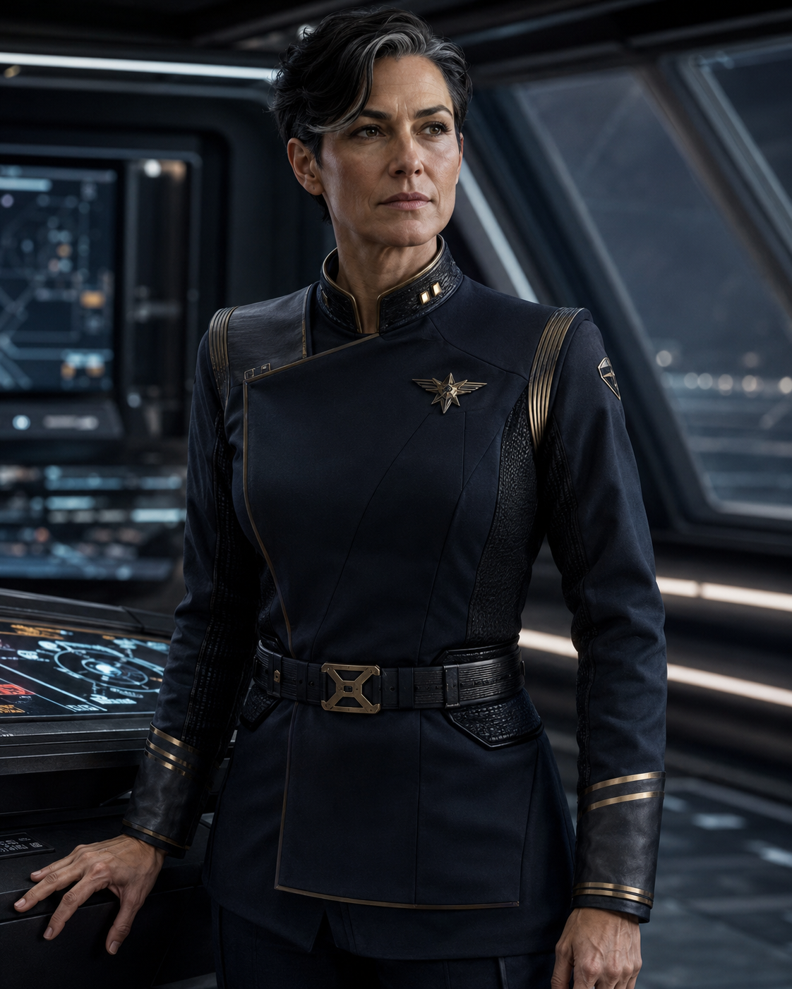 Commander Lyra Sterling in a dark navy command uniform with gold accents, standing on the bridge of a warship with tactical displays behind her
