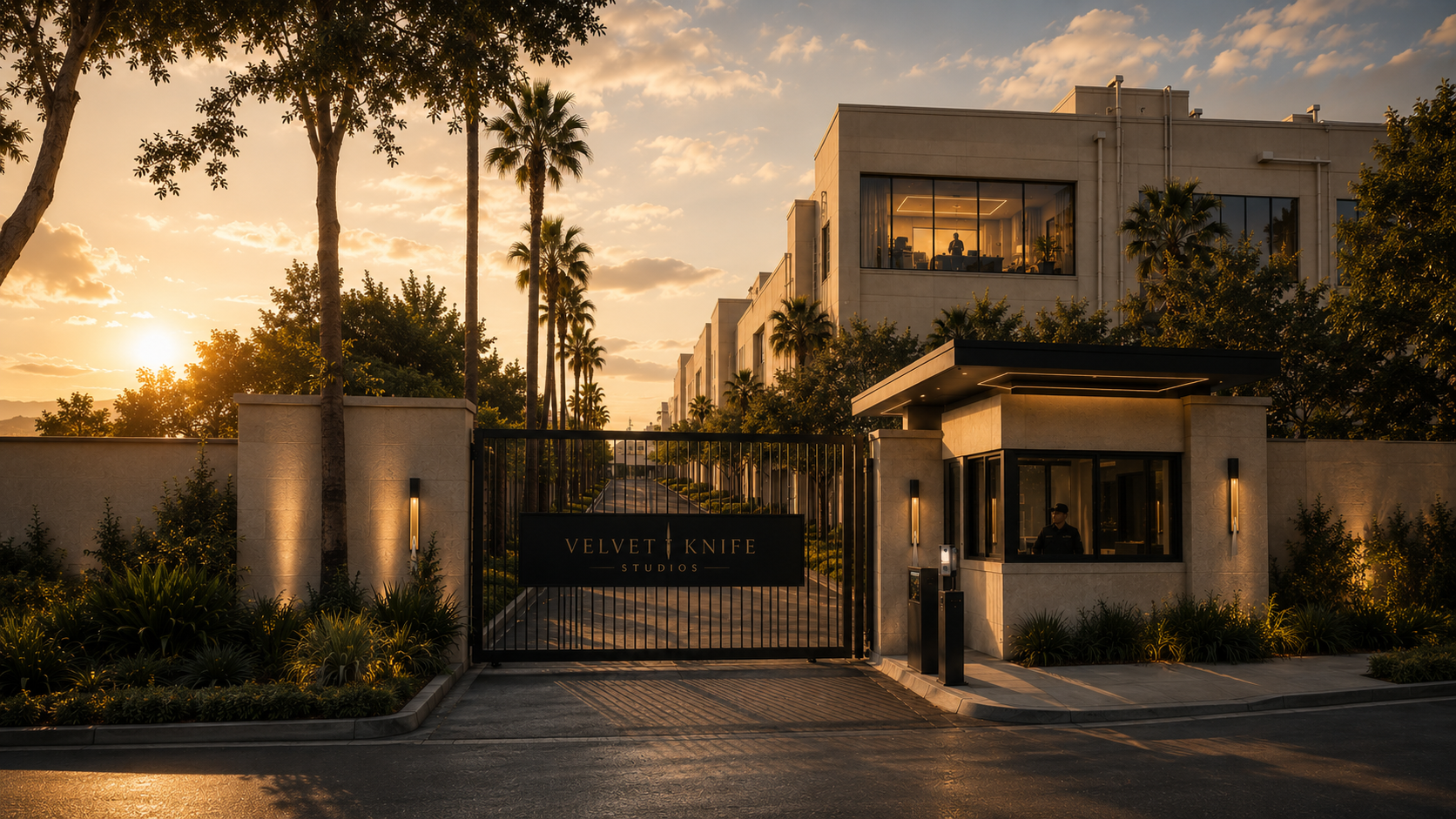 Velvet Knife Studios front gate at dusk, palm-lined drive beyond the barrier