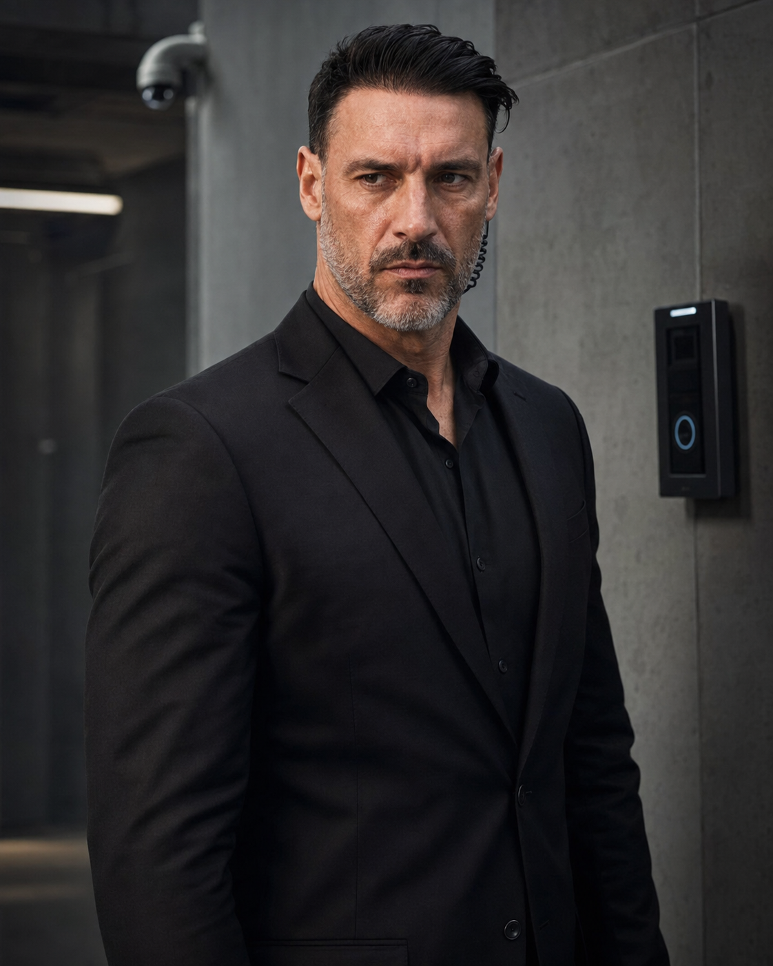 Dante Marx in a black suit standing in a secure corridor beneath Velvet Knife Studios, surveillance camera and access panel behind him