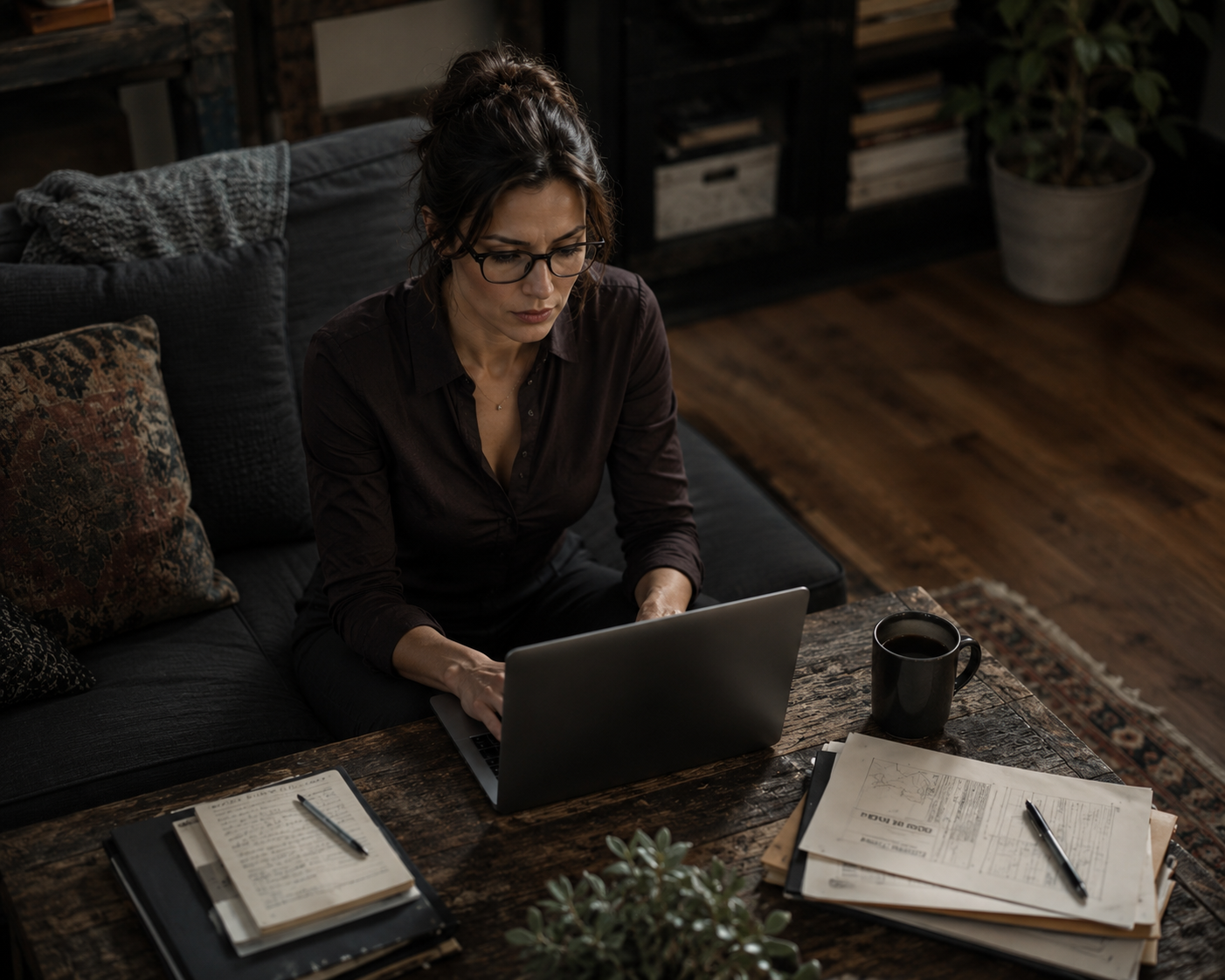 Sloan Mercer studying documents on her laptop, searching for the first inconsistency in the official record