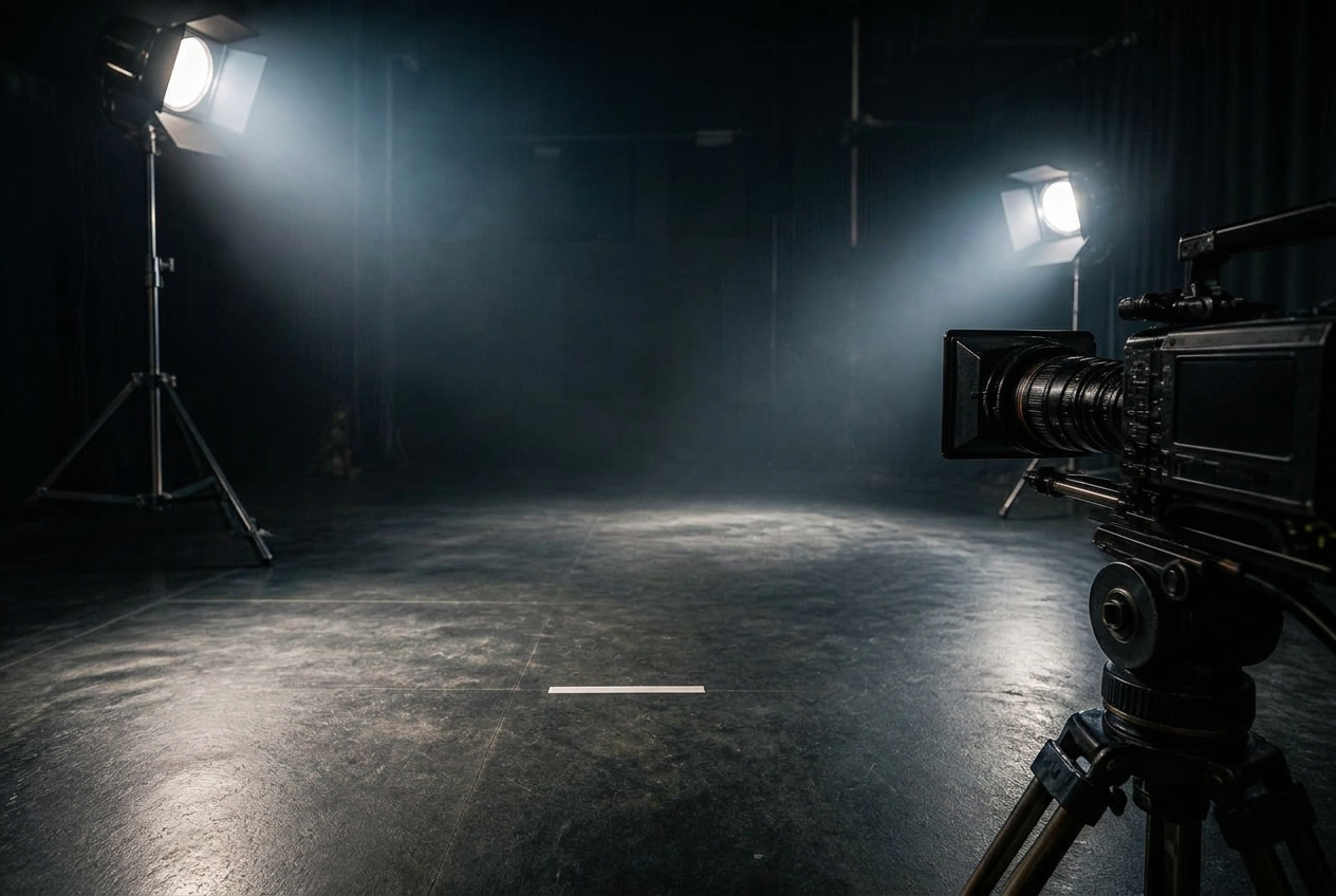 An empty black soundstage at Velvet Knife Studios lit by a single hard production light, a tape mark on the floor
