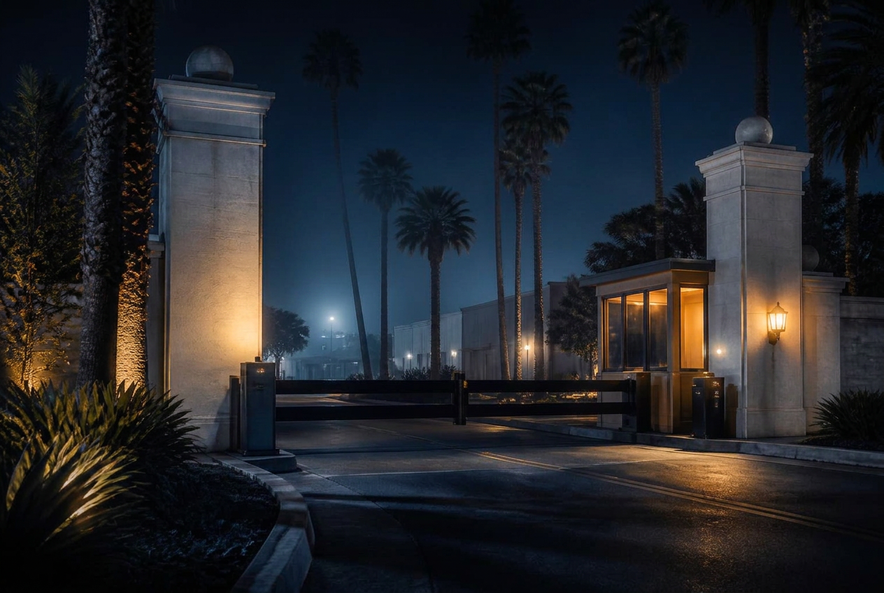 The guarded main gate of Velvet Knife Studios at night, pale stone pillars and a lowered black barrier
