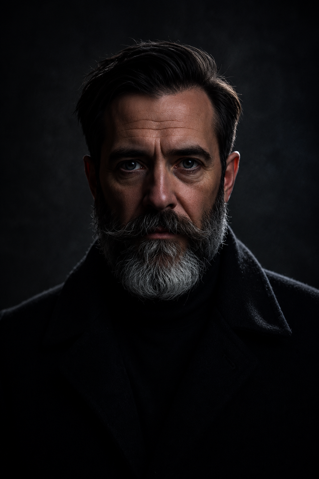 Portrait of dark fantasy author Pete Stone in a dark coat against a moody black background