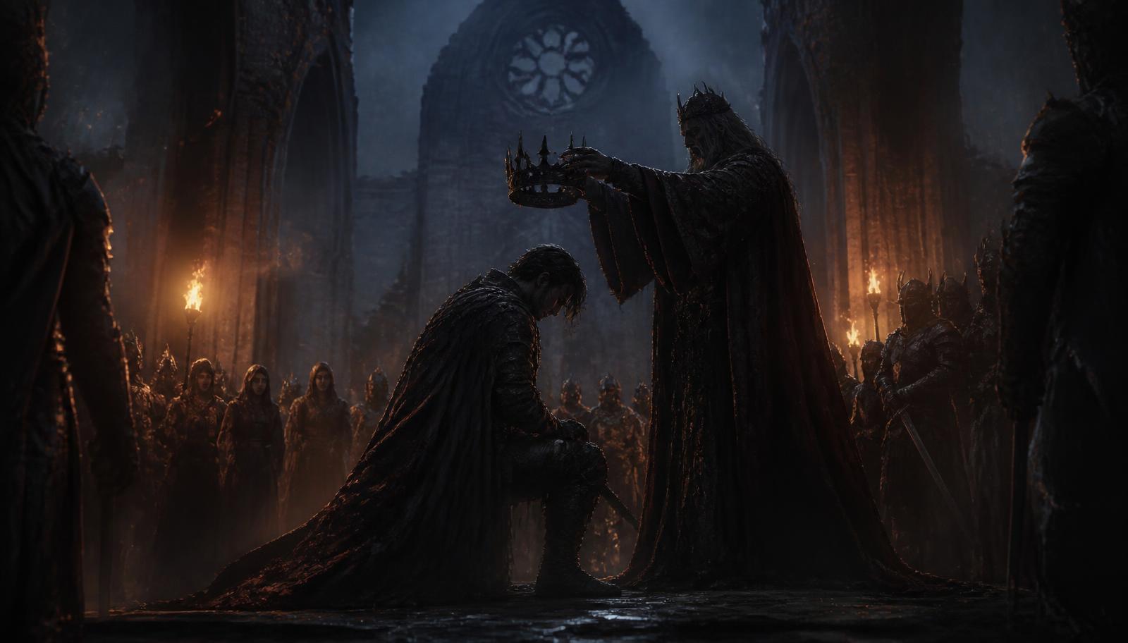 A night coronation in a ruined cathedral, an iron crown held above a kneeling warrior amid ash and torchlight