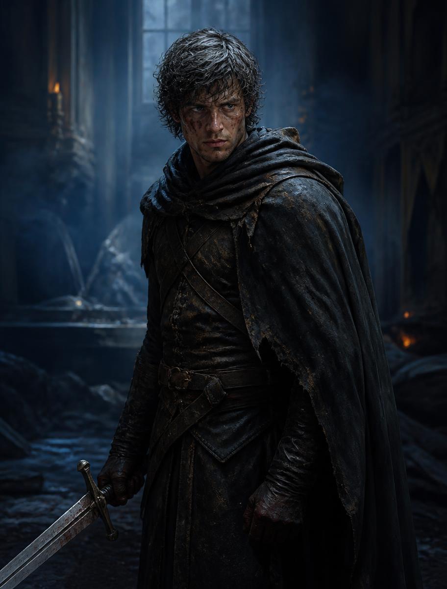 Corvin Vale in scarred leather armour and a soot-stained cloak holding a notched sword in a burned hall