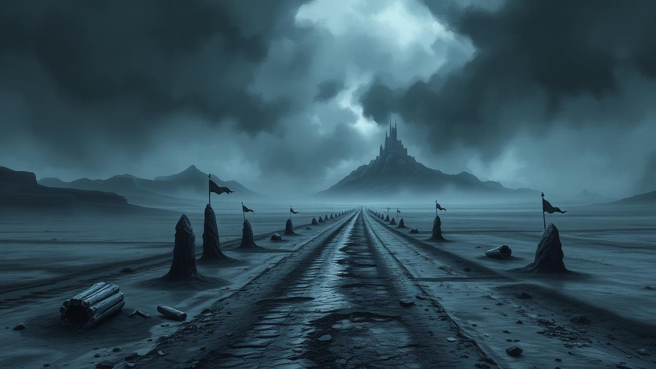 An ancient road across a grey wasteland lined with cairns of bones and broken standards under a storm sky