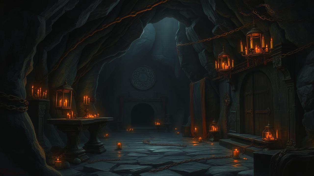 A deep vault of black stone lined with sealed iron reliquaries and chained doors lit by candlelight