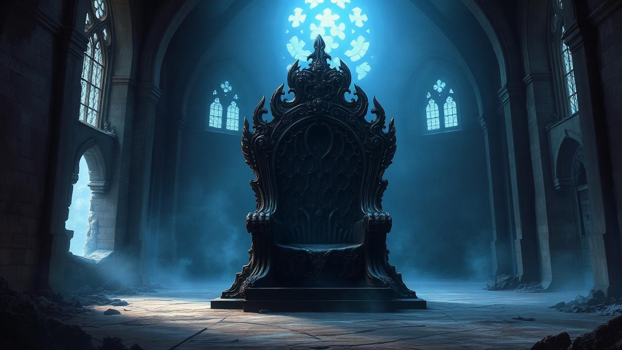 An immense hollow throne of blackened iron in a ruined vaulted hall lit by cold blue light