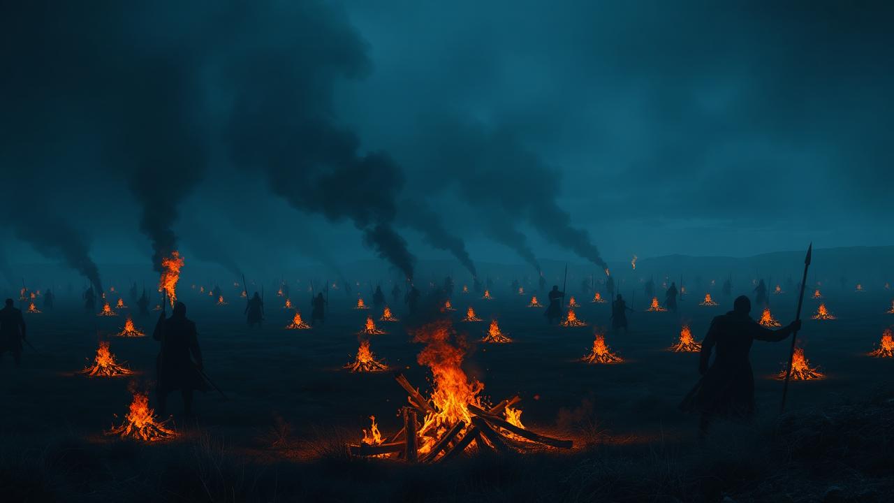 A windswept moor covered in burning funeral pyres at night with silhouetted mourners holding spears