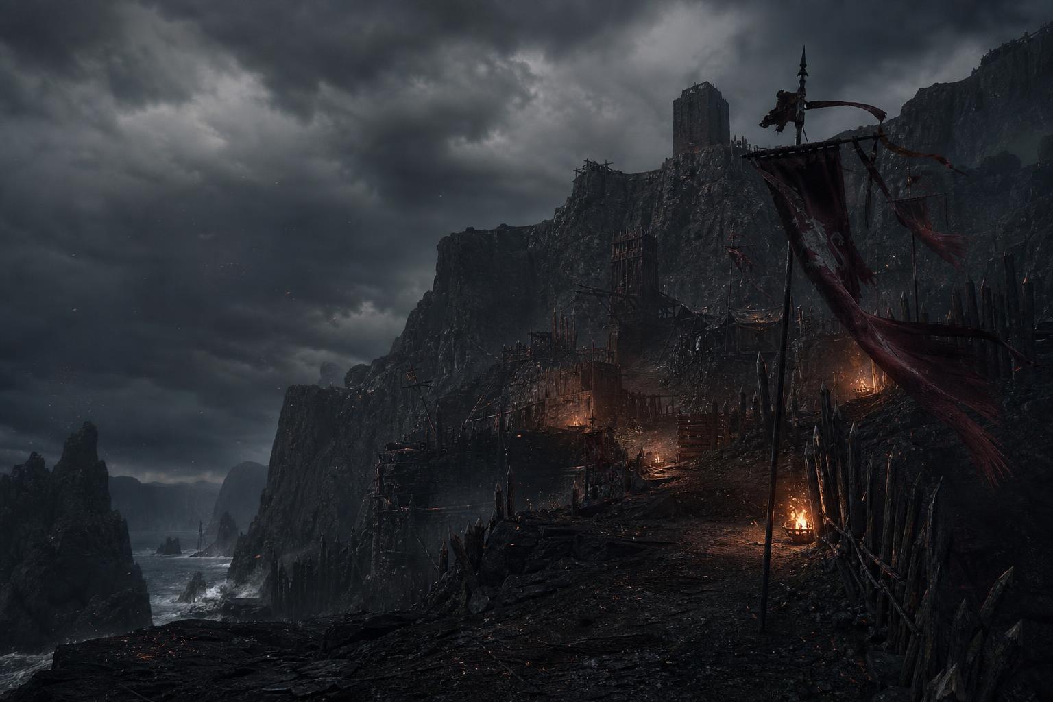 A rebel stronghold carved into the Ashden Peaks, black cliffs, tattered banners and watchfires burning under a storm-dark sky
