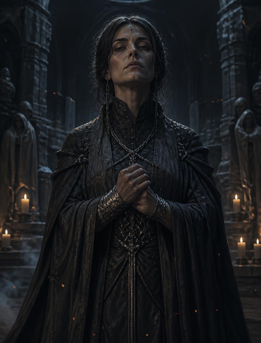 Maera Dusk in charcoal oathbinder robes with silver wrist bindings, standing in a candlelit crypt as embers drift