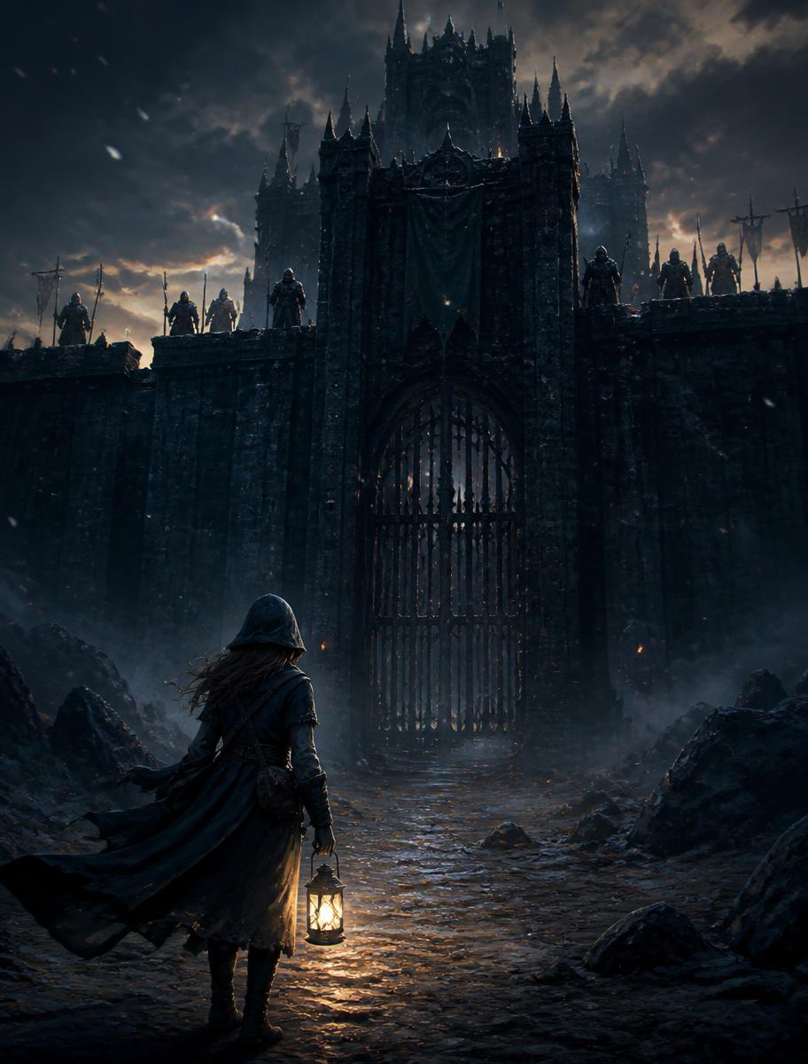 A hooded figure with a lantern approaching the vast iron gates of Highmarch at dusk while guards watch from the walls