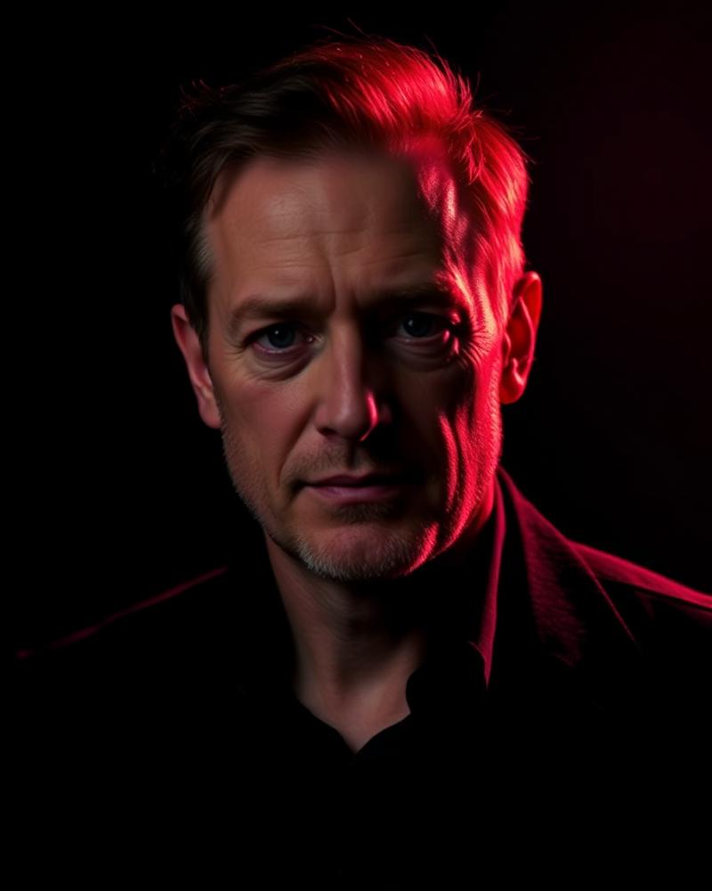 Portrait of dark romance author Max Steel lit by a single crimson light source