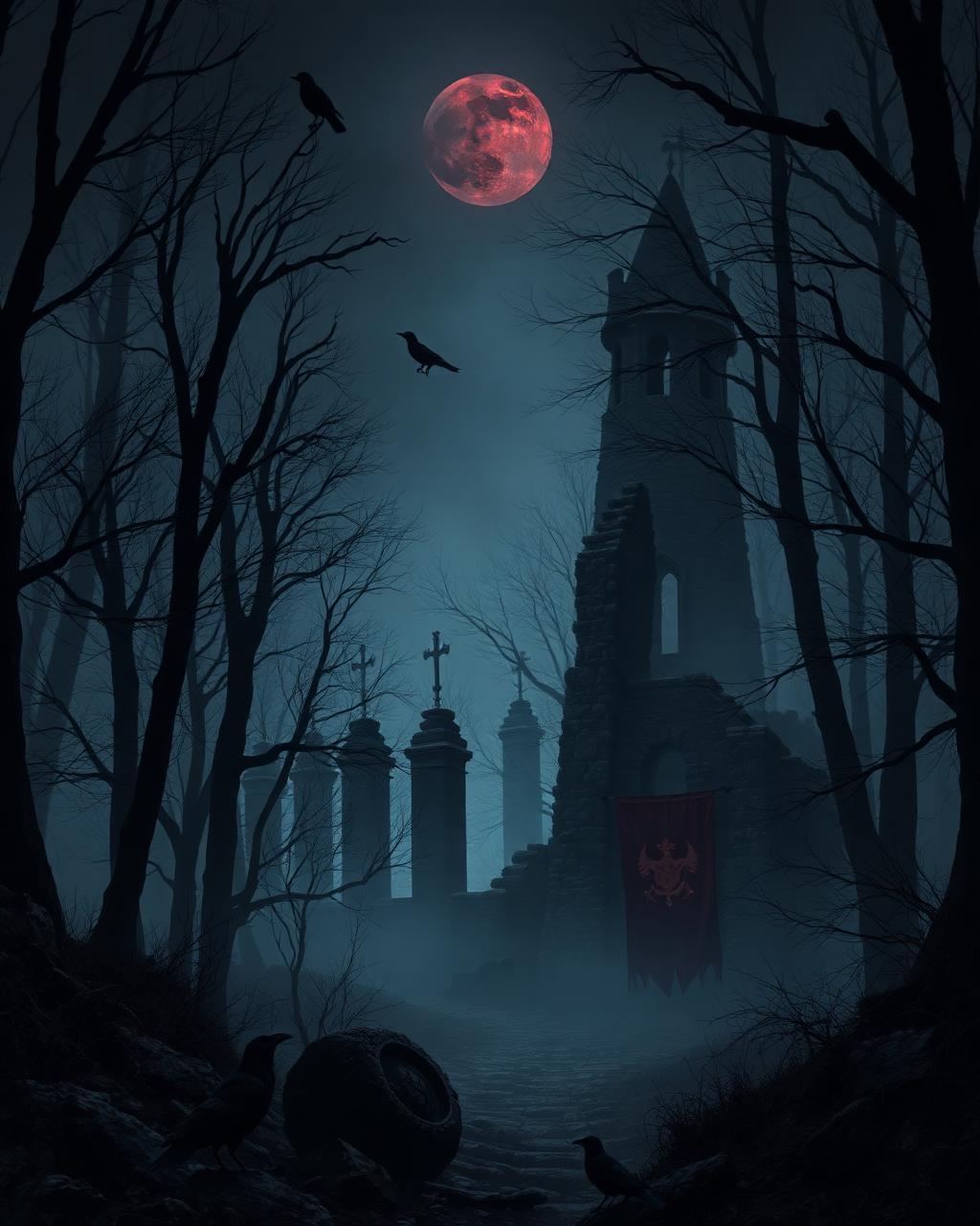 Ruined stone tower in a misty black forest beneath a blood moon, representing Dark Touch Press dark fantasy