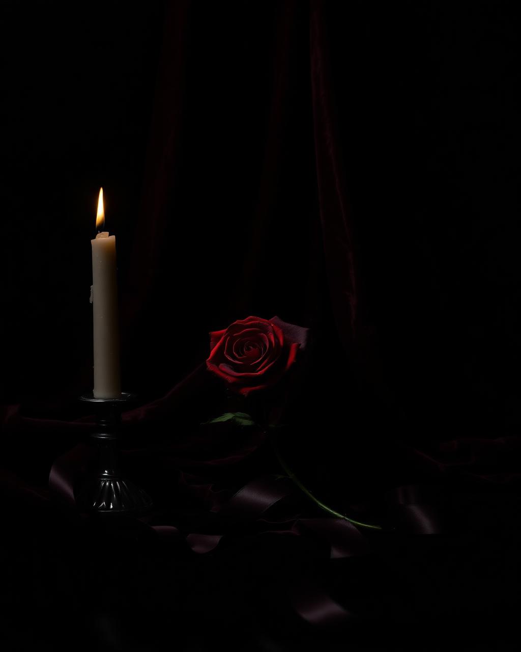 A single candle and dark red rose resting on burgundy silk, the visual signature of Dark Touch Press dark romance