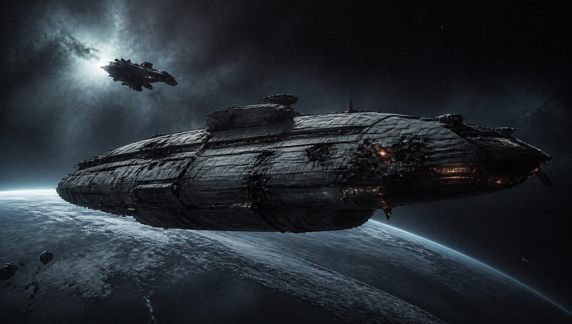 A scarred military carrier ship drifting above an ice-ringed world, escorted by a lone gunship in deep space