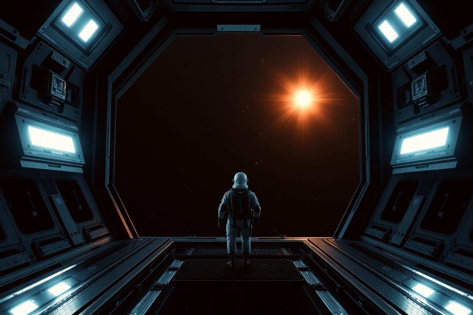 A lone crew member in a spacesuit standing in an open hangar door, watching a distant blinking light in deep space