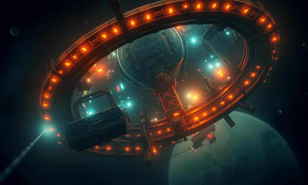 A crowded industrial orbital dockyard of rusted habitat rings and freighters lit by neon and steel
