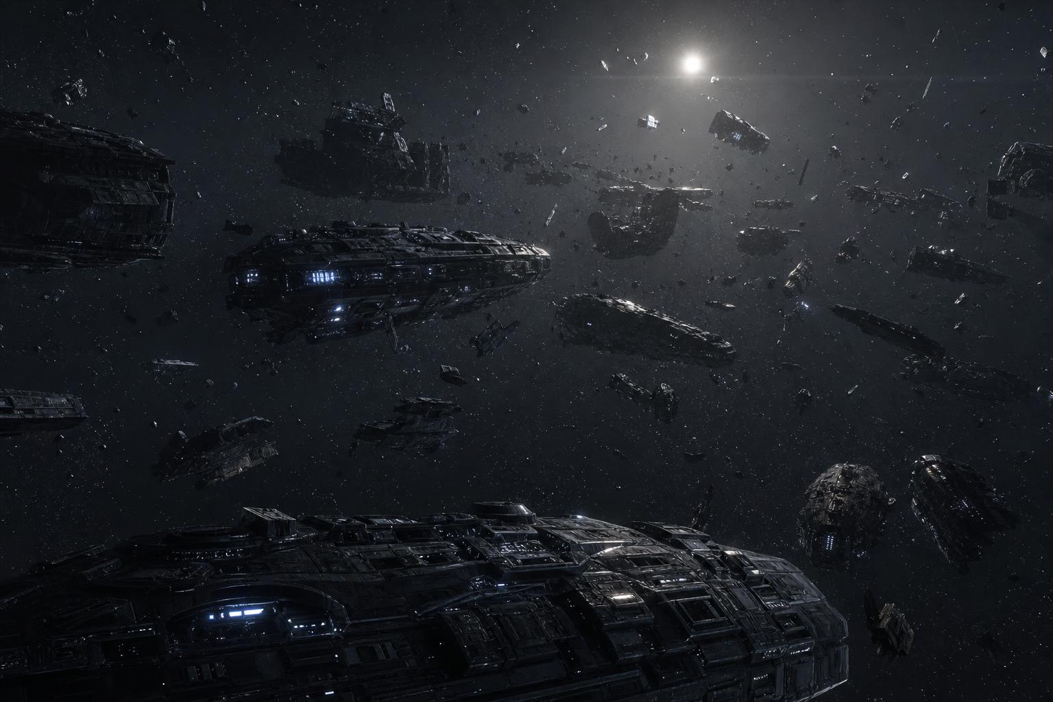 A graveyard of realistic futuristic warships drifting in a deep-space debris belt under a faint distant sun