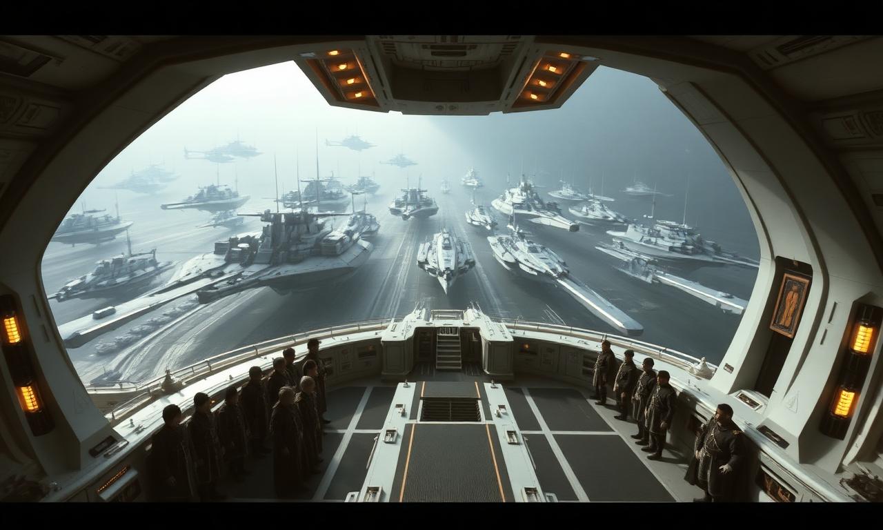The immaculate white and gold flagship bridge of a crusading fleet with warships in formation beyond the viewport