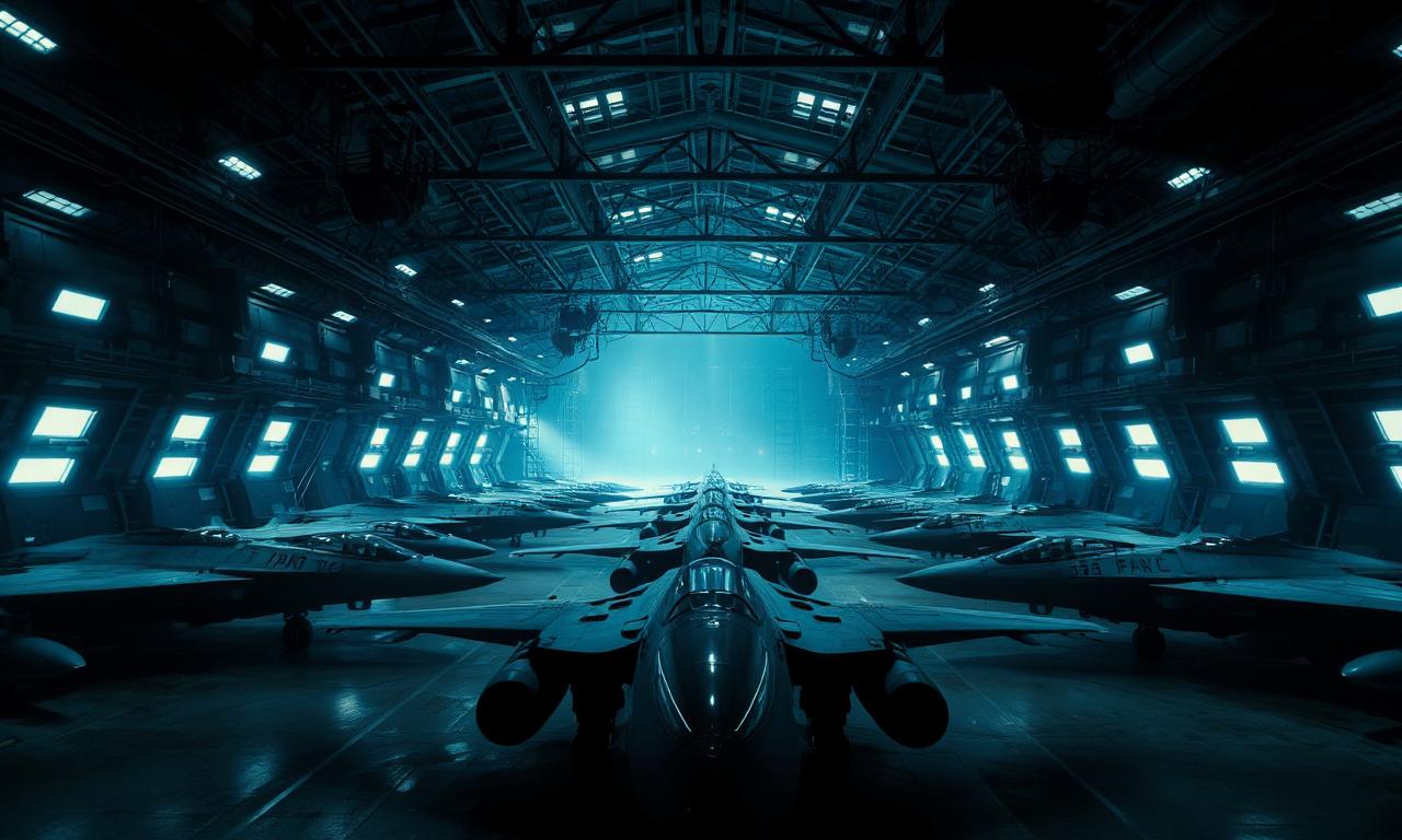 The dim hangar bay of a decommissioned carrier with stripped fighters under work lights