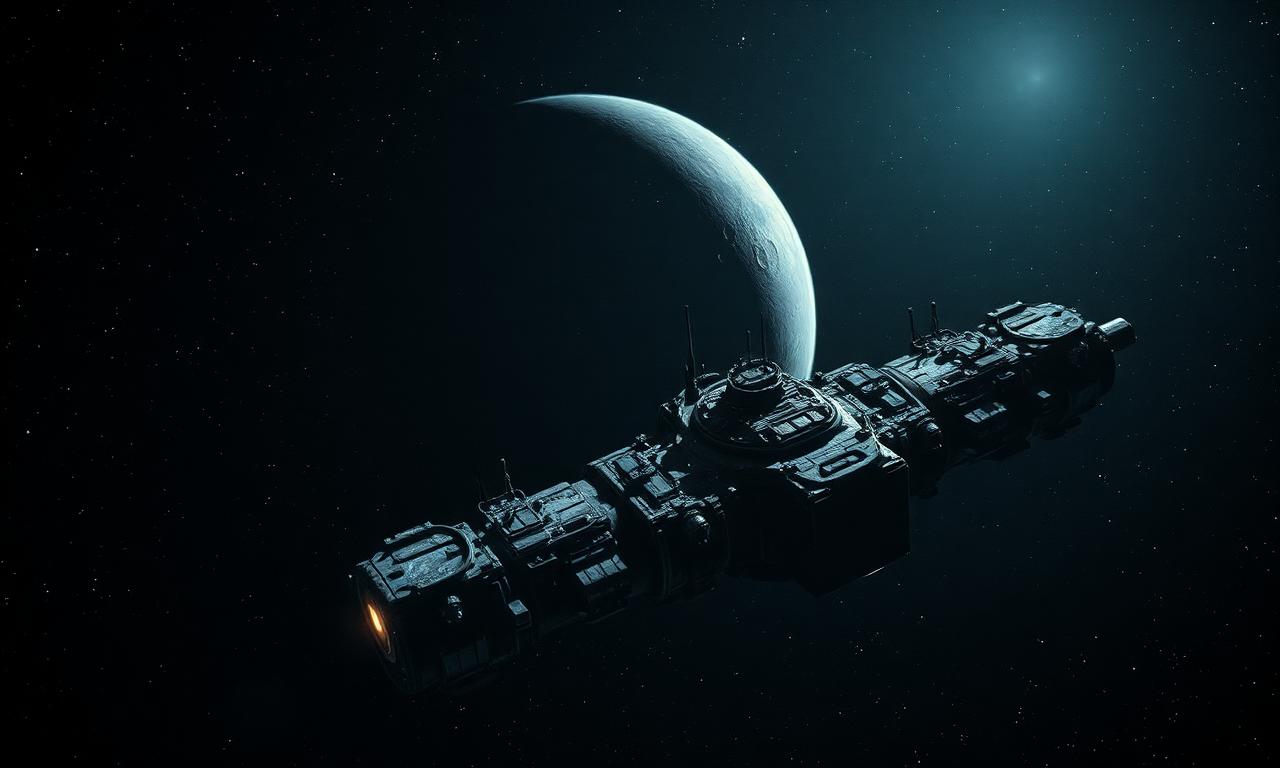 An abandoned deep-space relay station with iced-over antenna arrays orbiting a dark planet