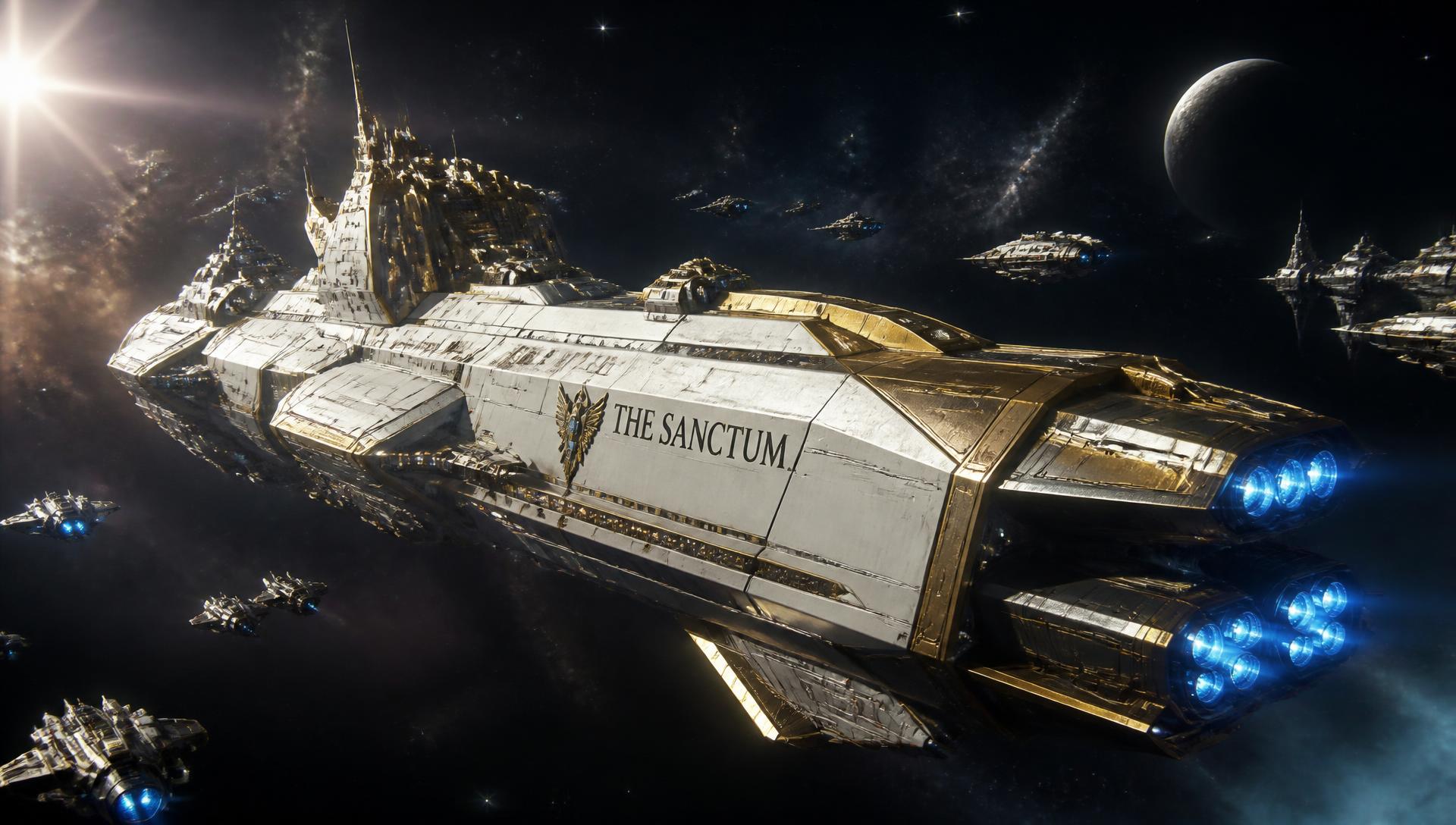 The Sanctum, Admiral Vance's immaculate white and gold flagship, drifting in deep space among a crusading fleet formation
