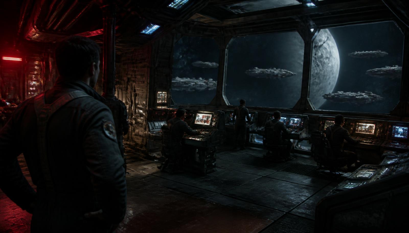 Command deck of a battered warship under red emergency light, crew watching a silent fleet through the viewport