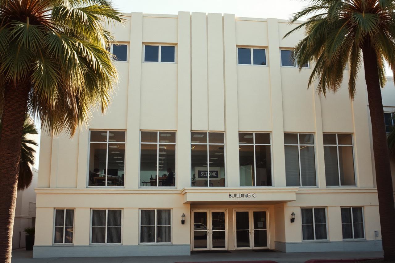 A cream Art Deco studio office building in daylight